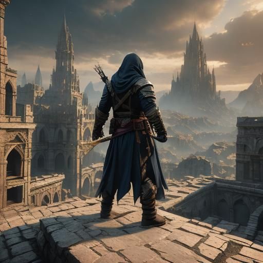 Assassin in Cityscape at Dusk: Fantasy Matte Painting
