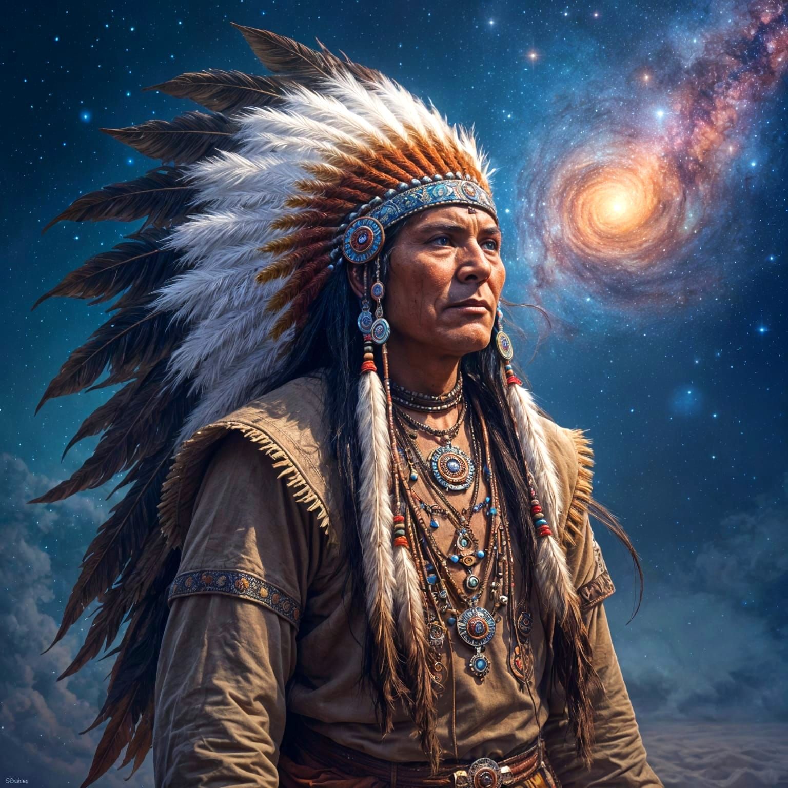 Native American Chief in Cosmic Dreamscape