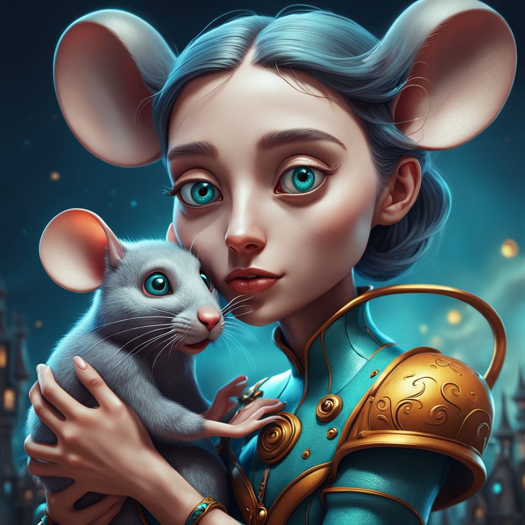 Surreal Woman Embraced by Mouse in Whimsical Fantasy Style