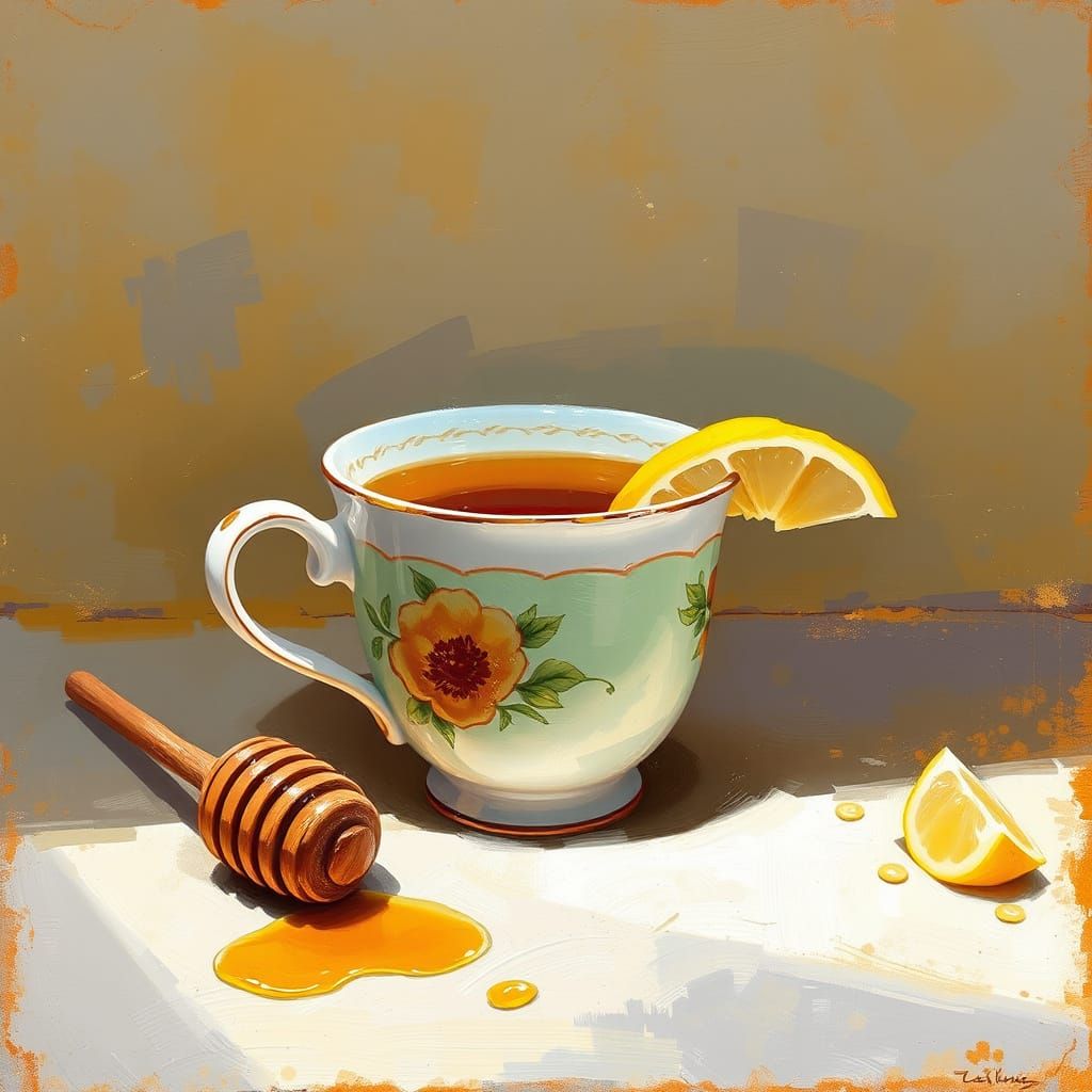 Impressionistic Still Life with Tea, Honey, and Lemon