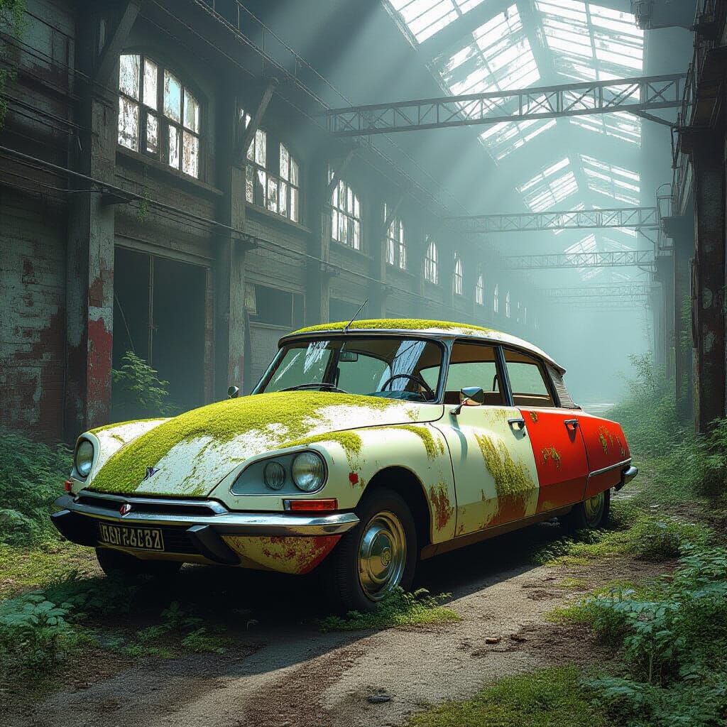 Moss-Covered Abandoned Car on Foggy Road