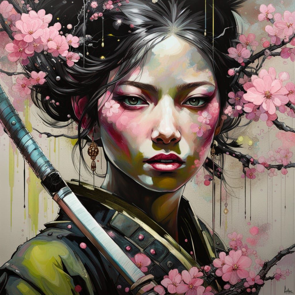 Samurai Girl with Cherry Blossoms in Gouache Style