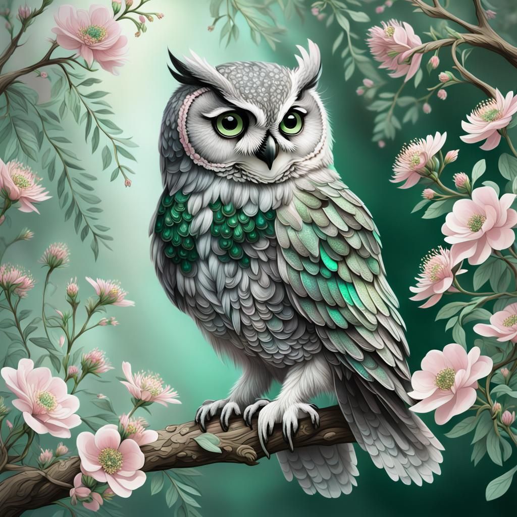 Enchanted Owl with Flowers in Watercolor Style