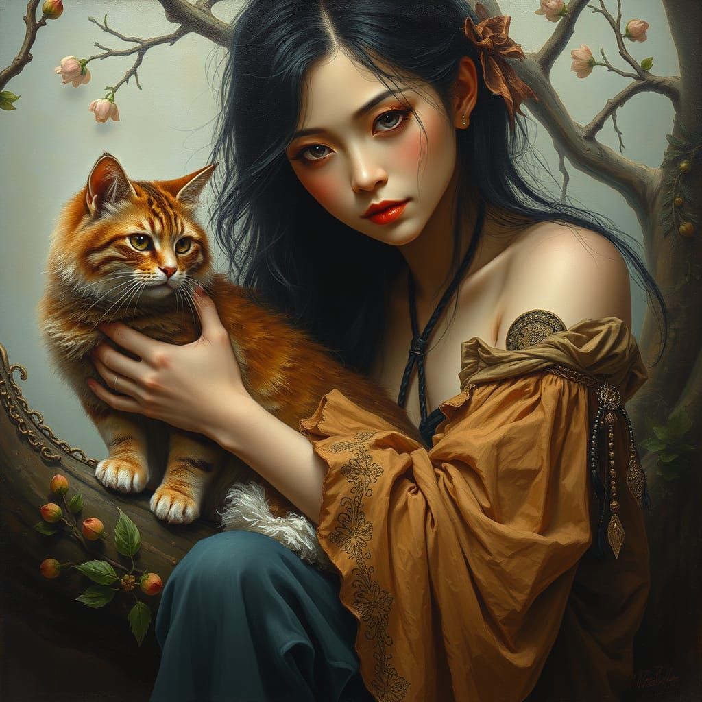 Gothic Fantasy Oil Painting of Woman and Cat on Tree Branch