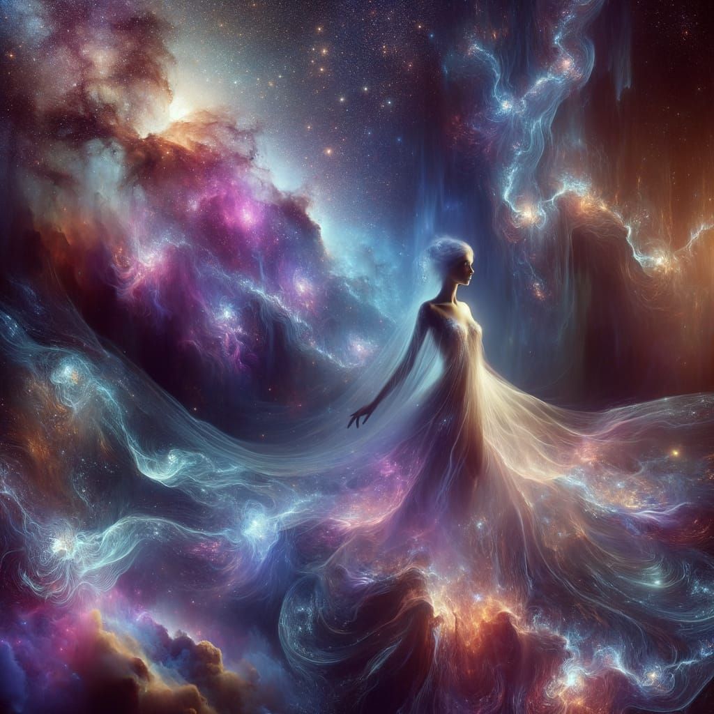 Ethereal Goddess in Cosmic Nebula with Resonance Lattices