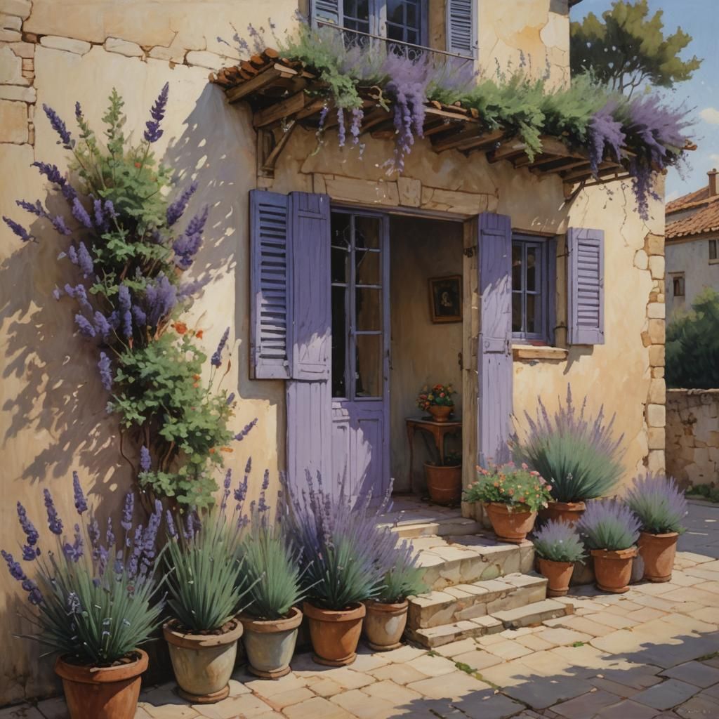 Parisian House Facade with Lavender, Oil Painting Style