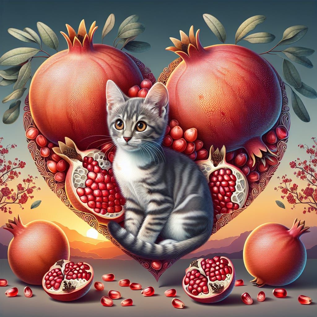 Tabby Kitten Hidden in a Pomegranate Heart