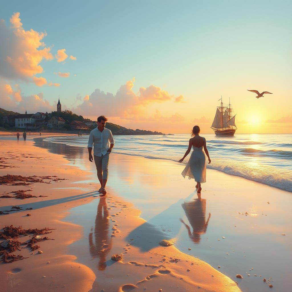 Dreamy Dawn on the Ocean Coast in Pastel Tones