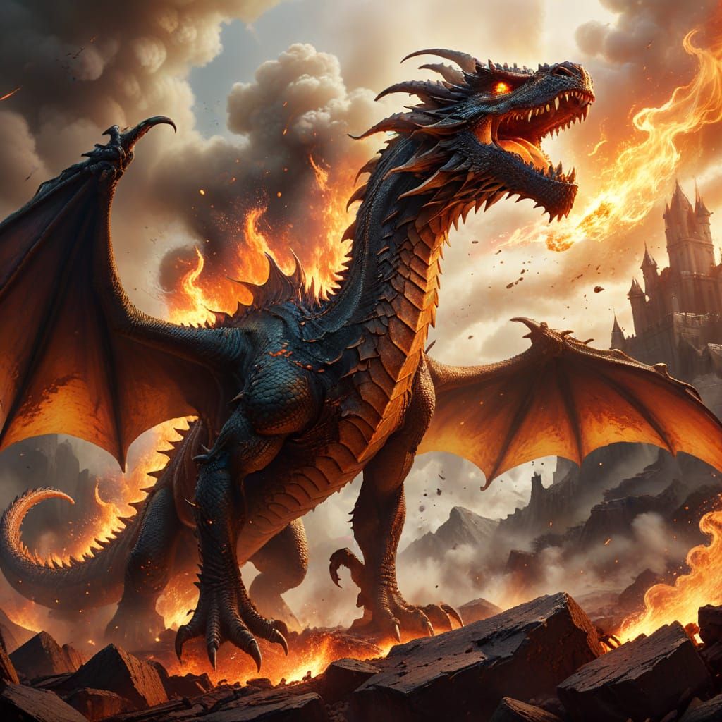 Fiery Dragon Roars in Smoky Battlefield: Fantasy Art