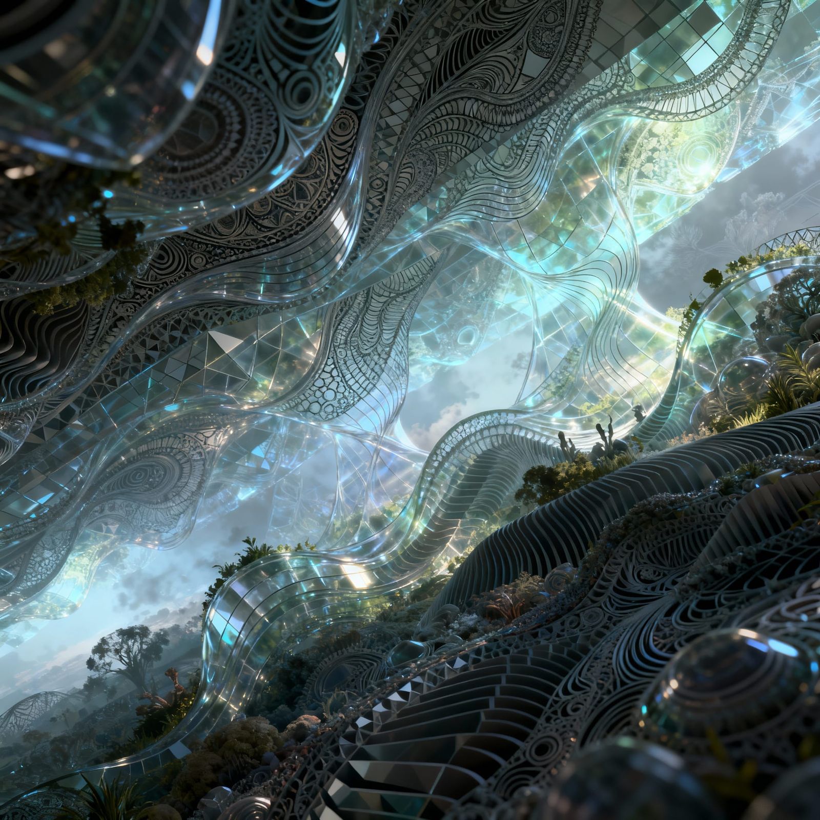 Female Head Entangled in Mosses, Digitized Transparent Style