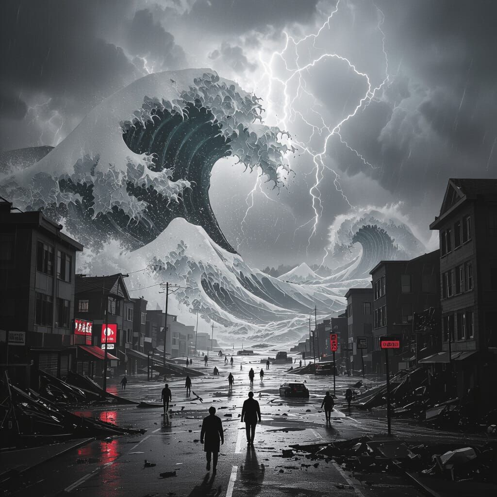 Monochrome Tsunami Disaster Scene with Selective Color