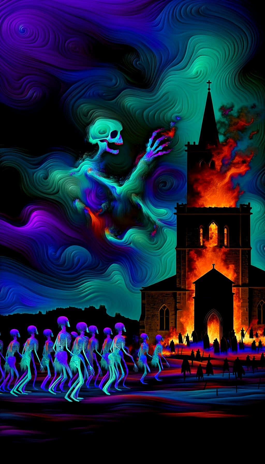 Burning Church with Skeletal Smoke Warriors in 8K