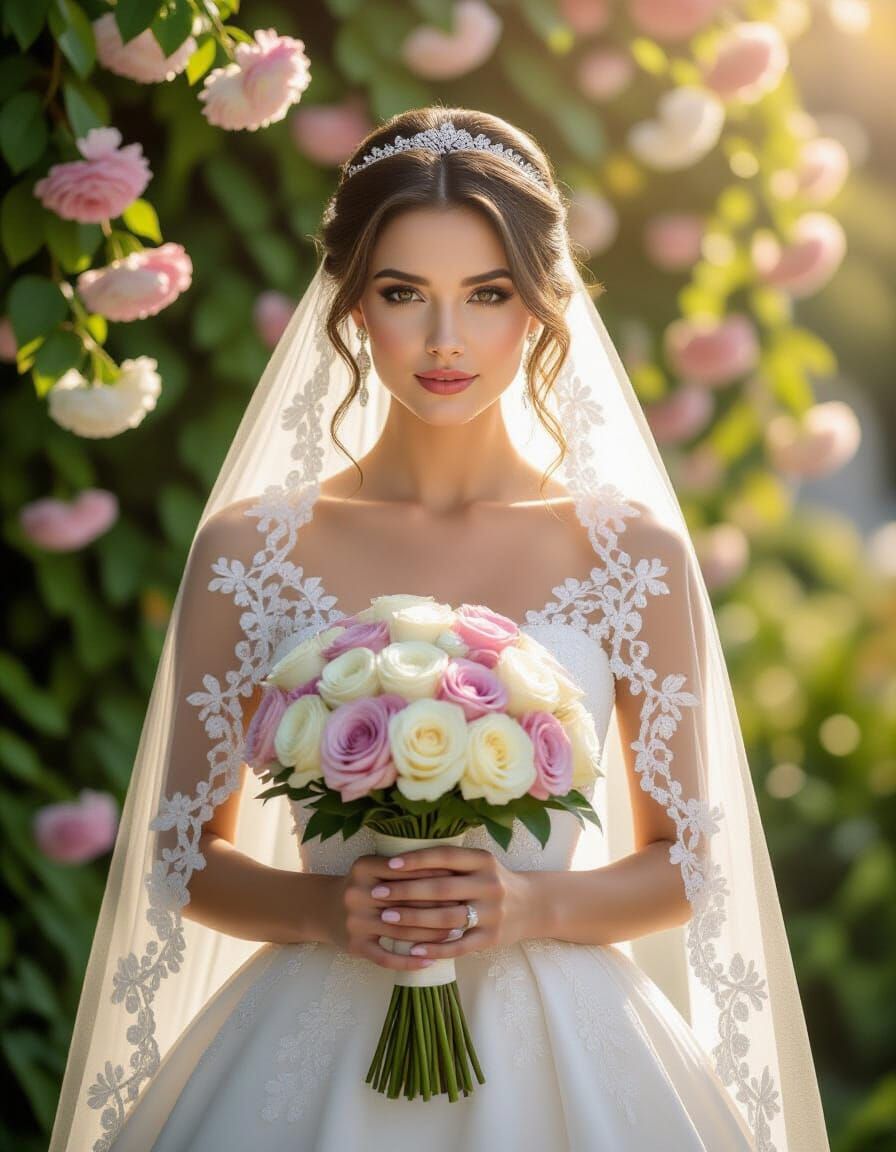 Beautiful Bride Holding Flowers: Ultra-Realistic Digital Pai...