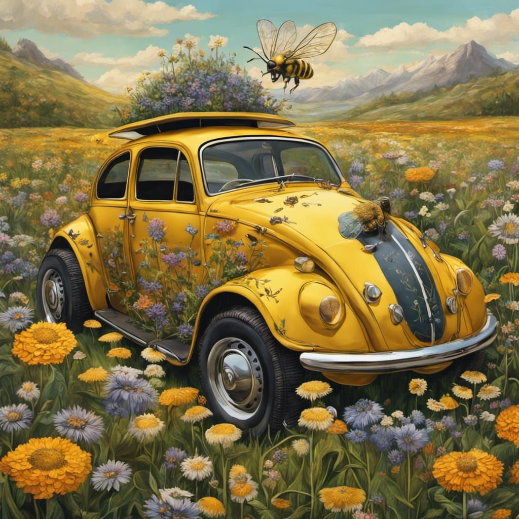 Yellow car in flower field