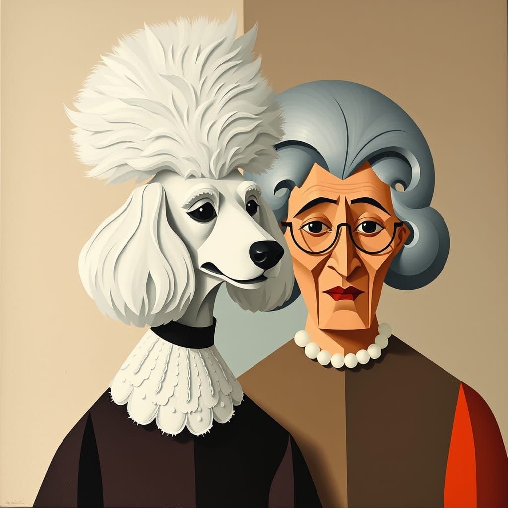 Poodle and Granny with Matching Hair Tuft in Cubist Style