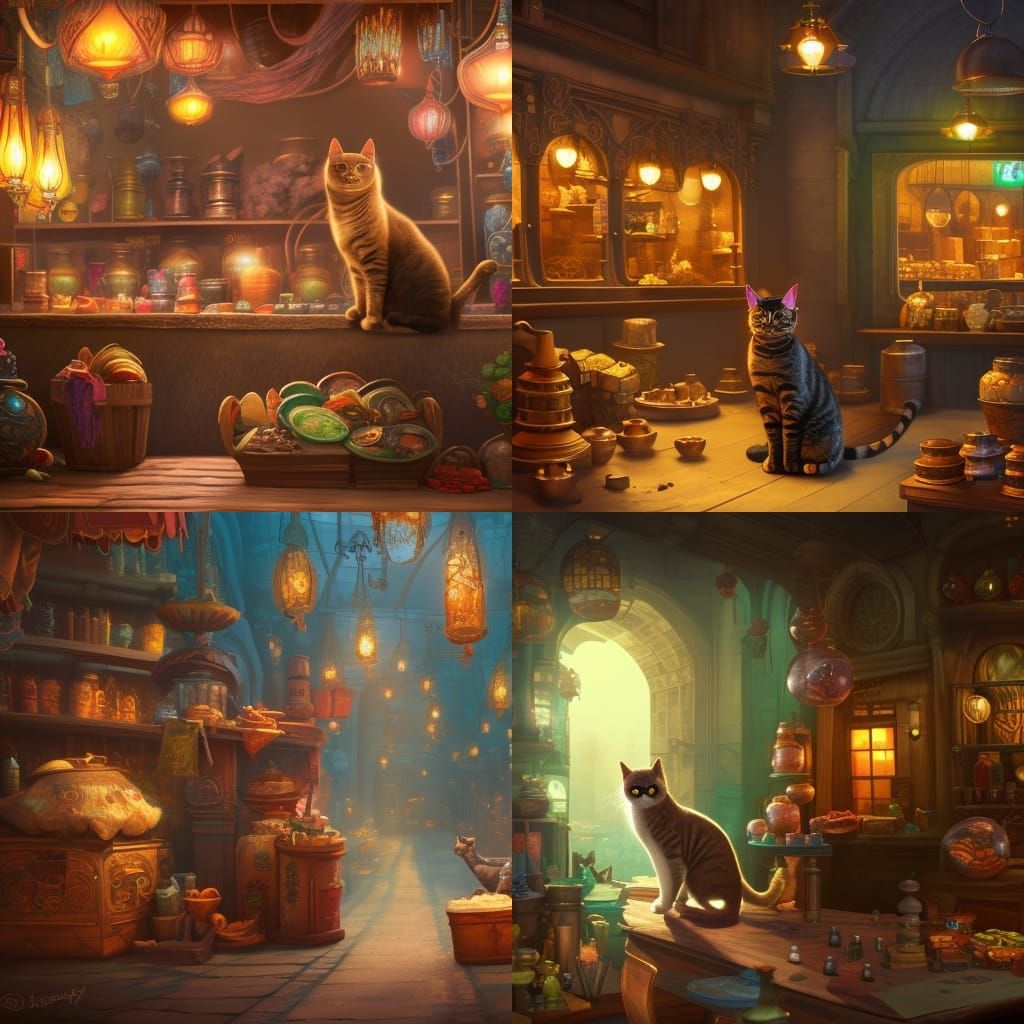 Fantastical Cat Shopkeeper in Detailed Matte Painting