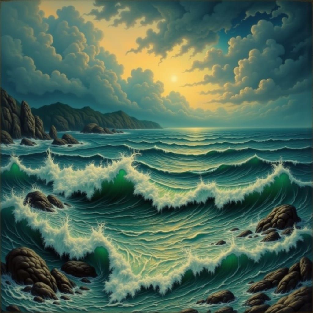 Ethereal Ocean Waves in Soft Blues and Greens