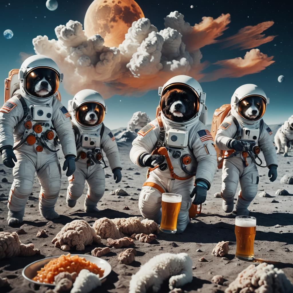 Astronaut and Dogs Picnic on the Moon