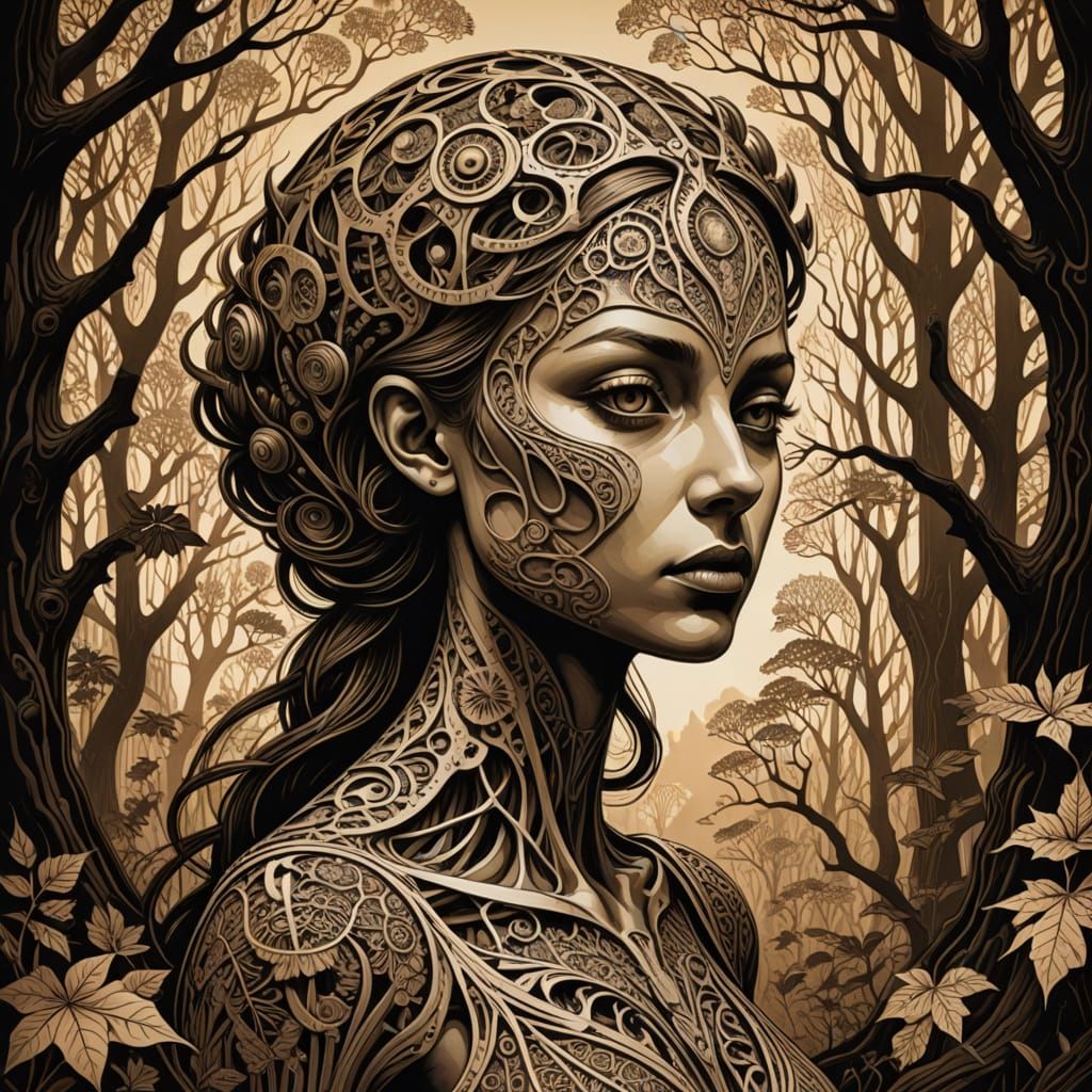 Divine Wood Nymph in Sepia Linocut Style