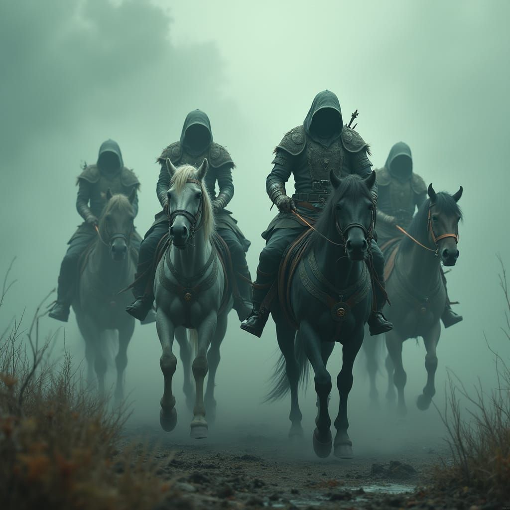 Apocalyptic Horsemen Ride Through Swirling Fog