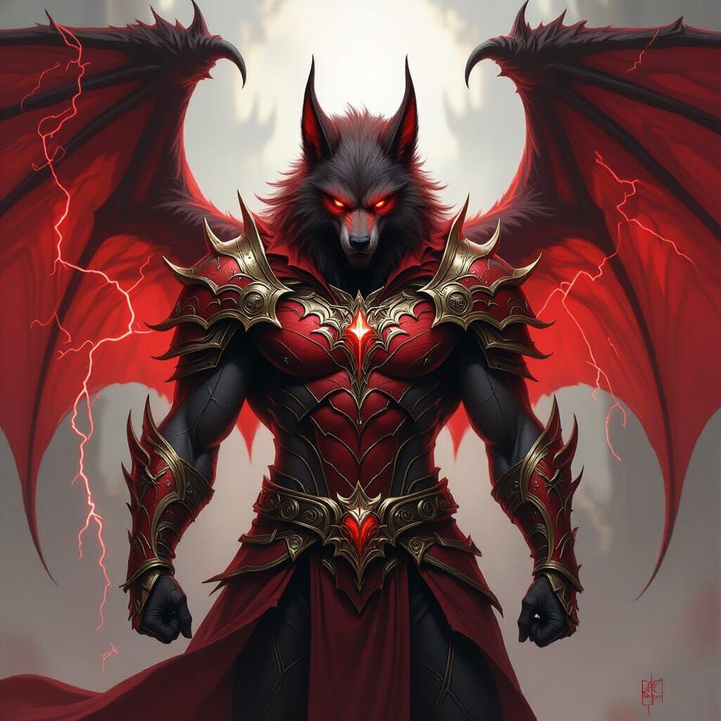Crimson Werewolf Demon Warrior with Bat Wings