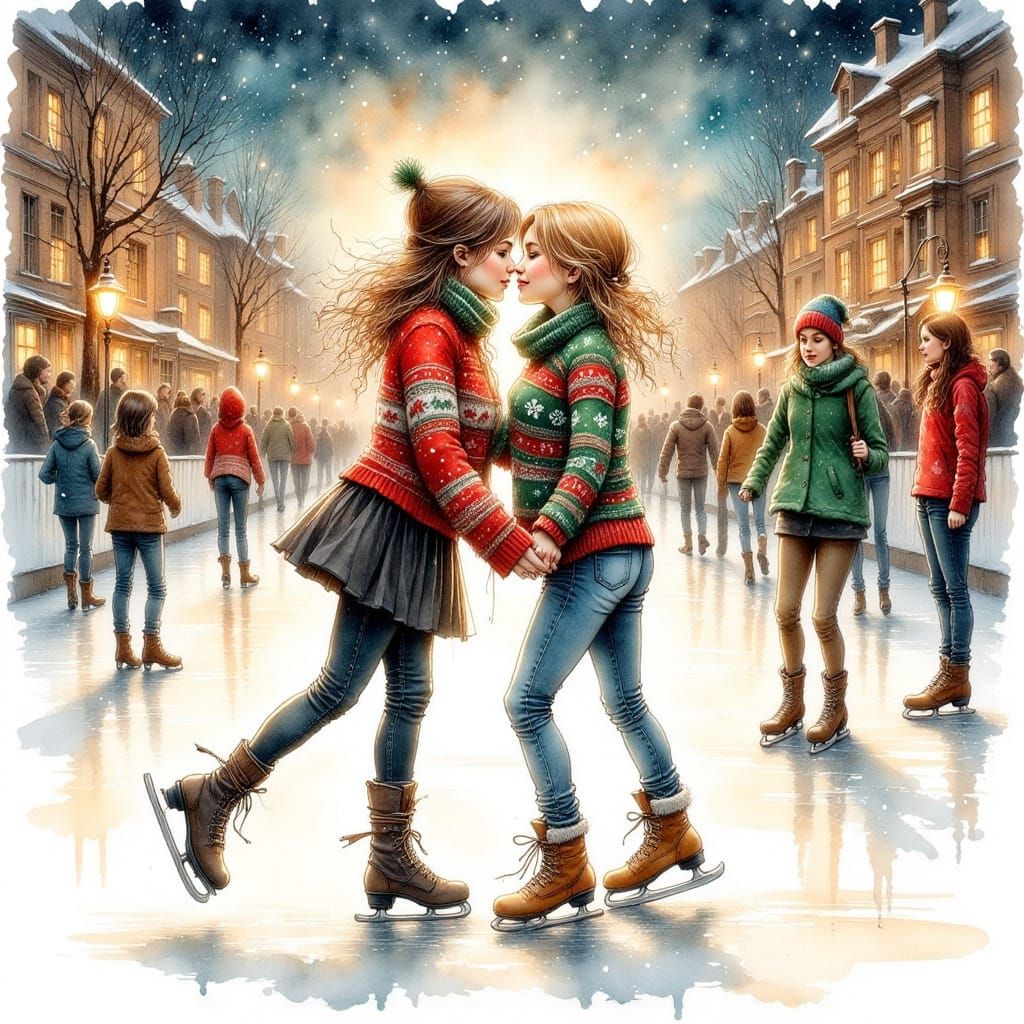 Whimsical Christmas Kiss on the Ice in Colored Ink Style