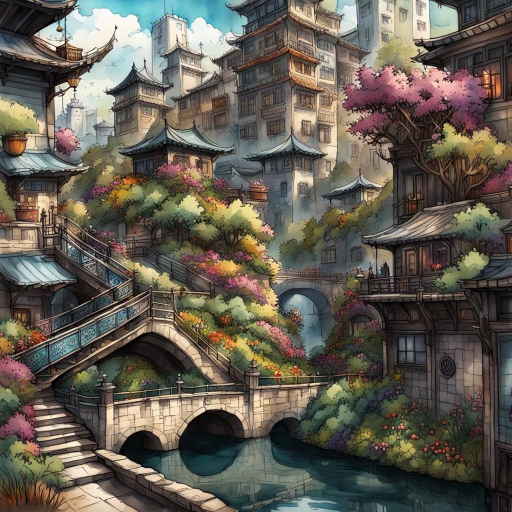 Utopian Oriental Cityscape in Watercolor and Ink