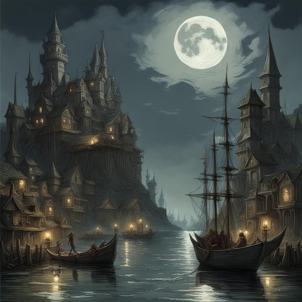 Gothic Horror Moon Elf Port City