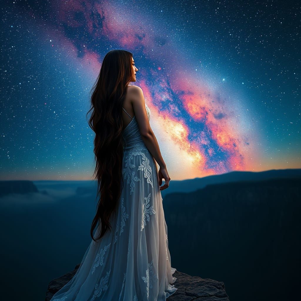 Woman on Cliff Under Starry Night Sky