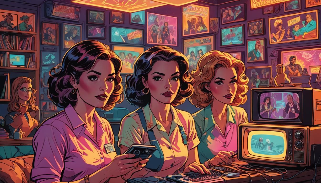 Housewives Holding Glowing TV in Comic Book Style