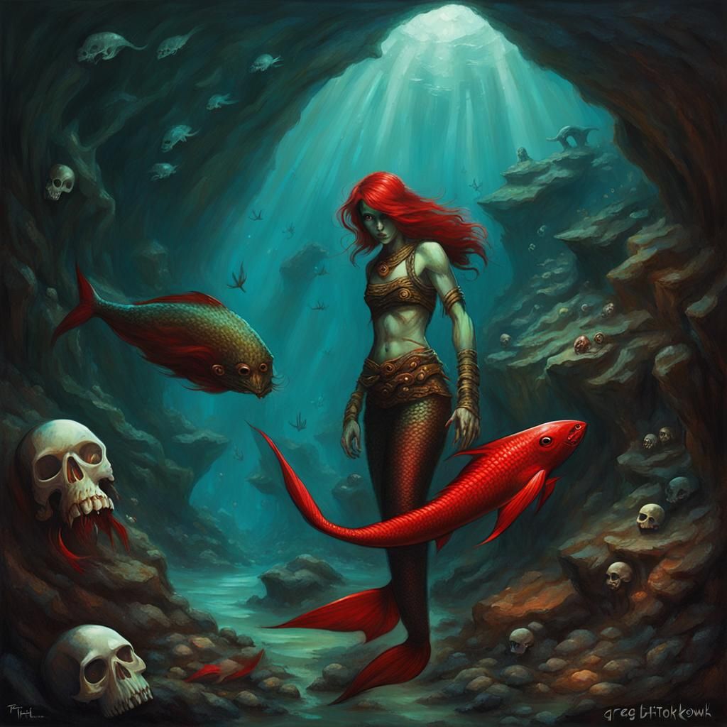 Sinister Mermaid in Skull Cave, Greg Rutkowski Style