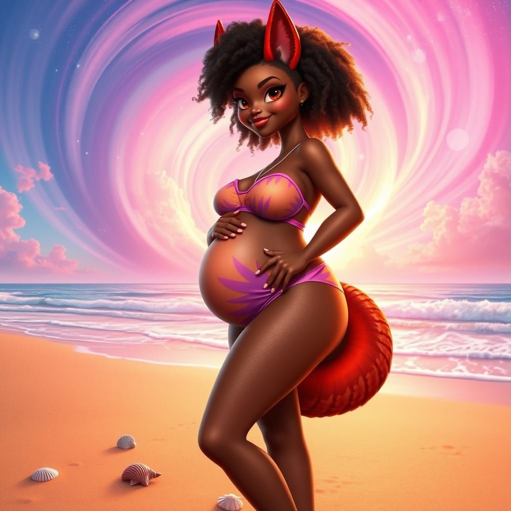 Vibrant Pregnant Fox-Dragon Hybrid Woman at Sunset Beach
