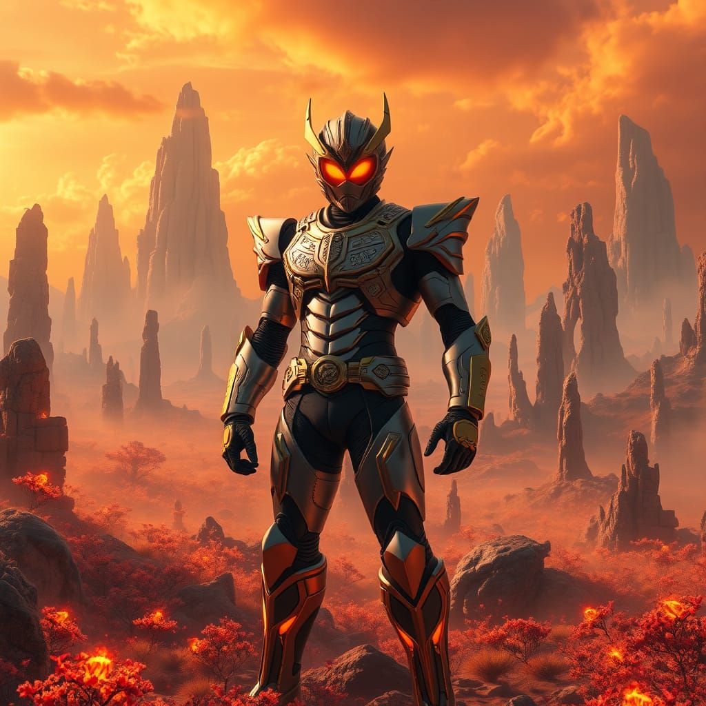Kamen Rider Ares in a Mystical Landscape