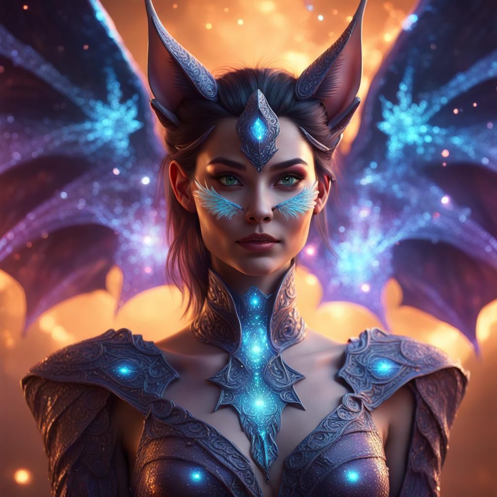 Dragon Cat Wizard in Bioluminescent Galaxy, Digital Art