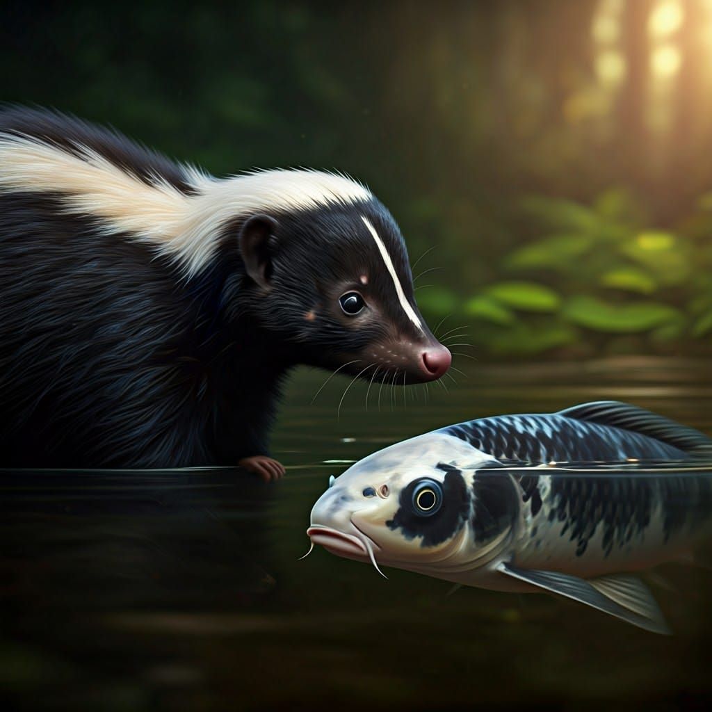 Skunk and Koi Gaze at Forest Pond in Sunlight