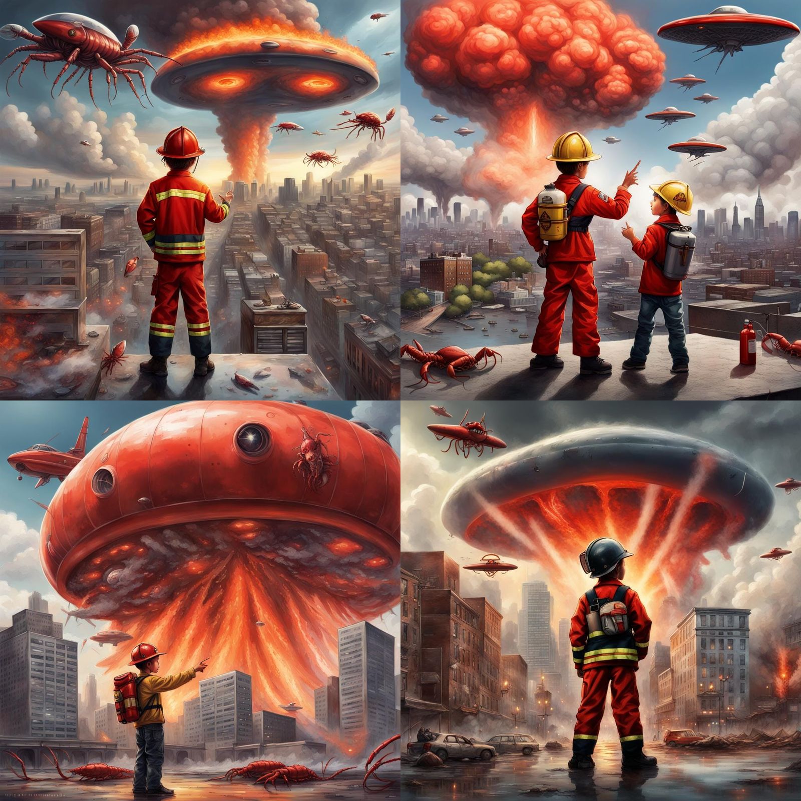 Boy Firefighter vs Alien UFO: Hyperrealistic Battle