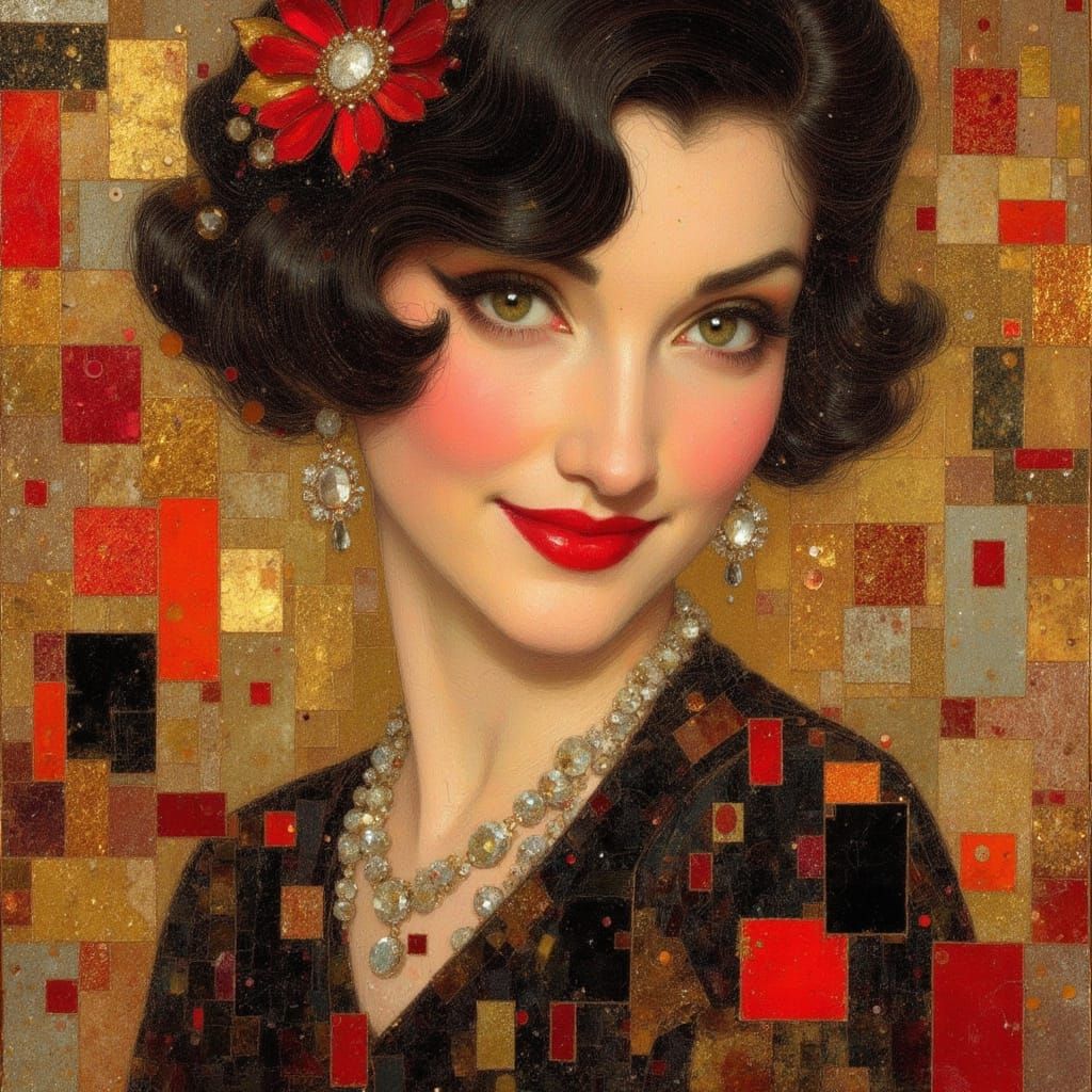 Art Deco Oil Painting of 1920s Flapper Portrait