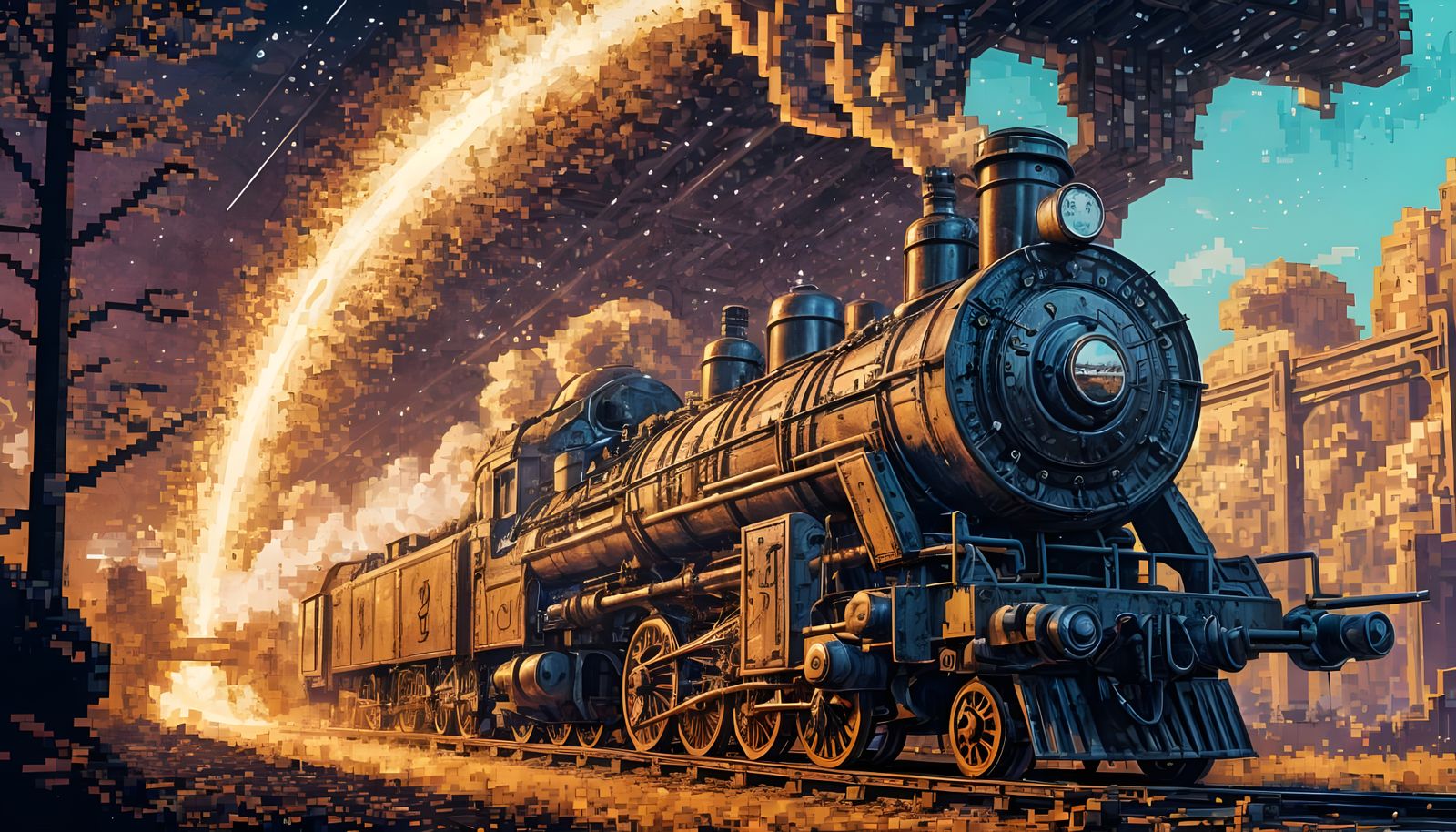 Pixelpunk Locomotive with Cyber Arrow in 8-bit Style