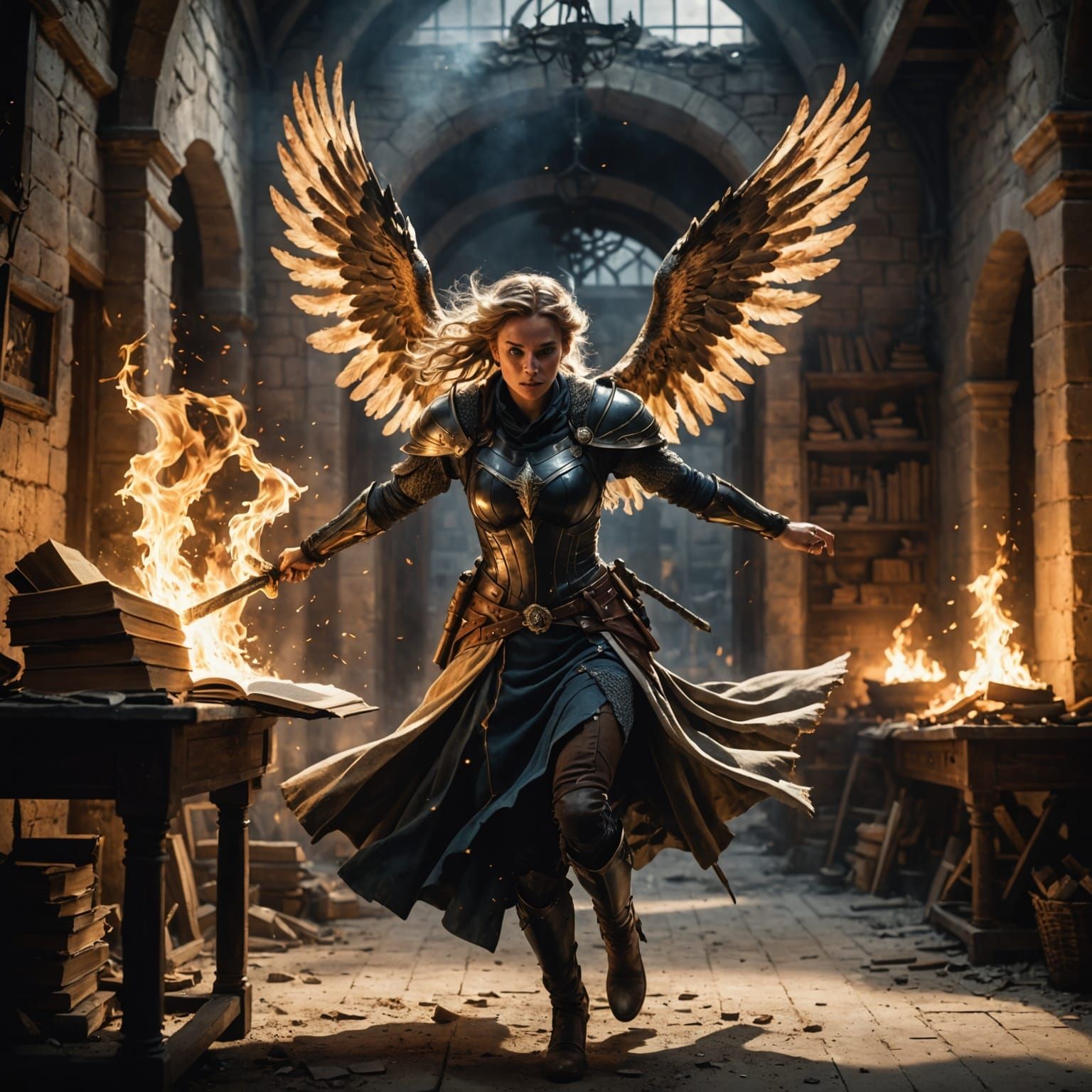 Valkyrie Emerges from Book with Fire and Light