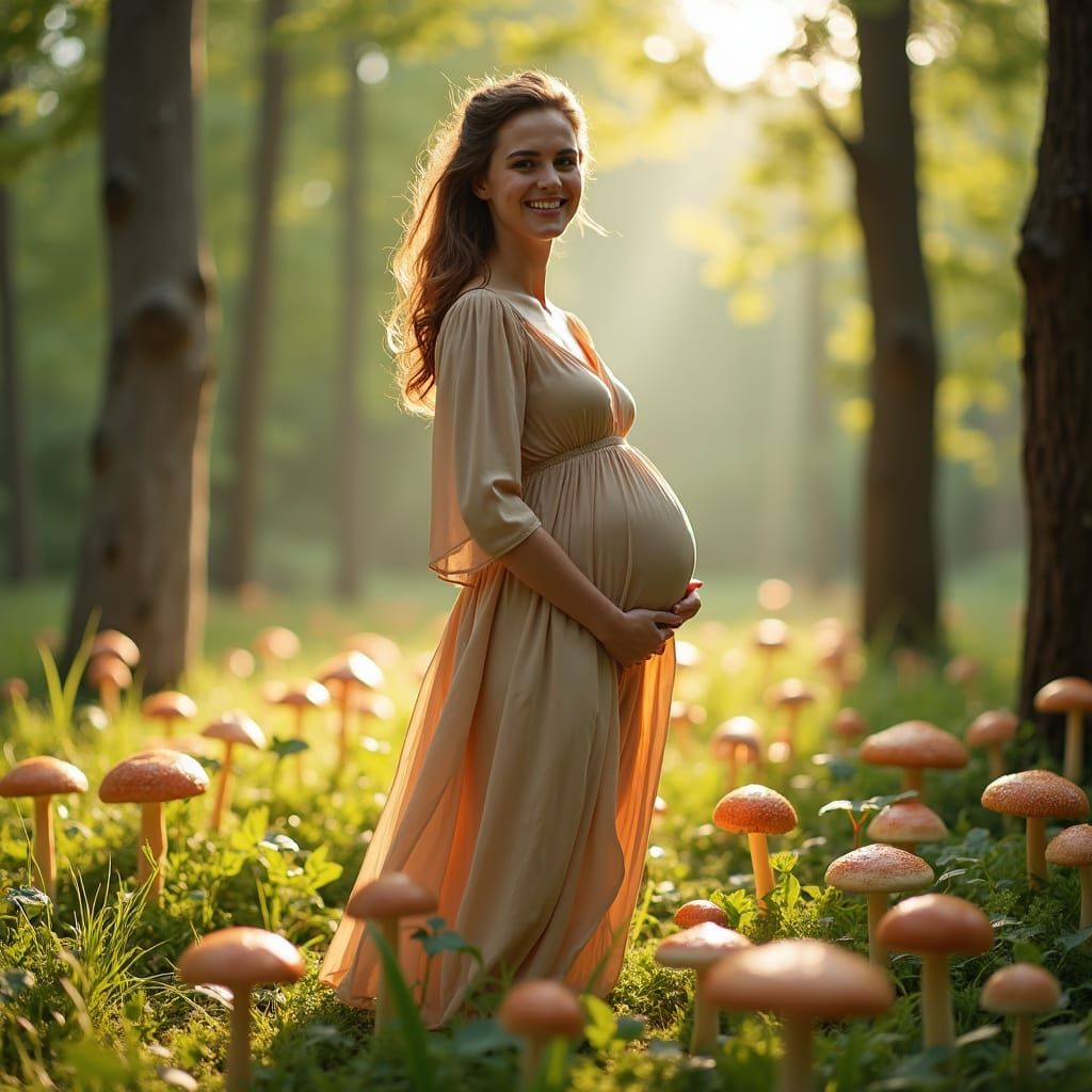 Radiant Pregnant Woman in Mushroom Garden, Dreamlike Art