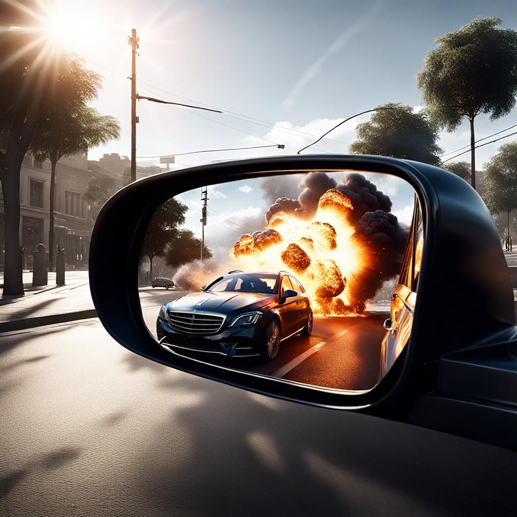 Explosion Reflected in Car Mirror: Photorealistic CGI