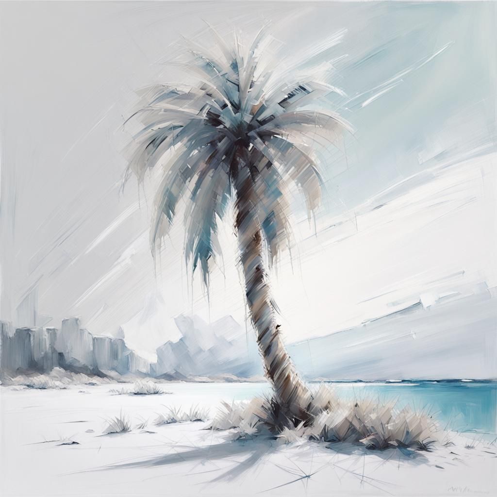 Palm Tree in Arctic Desert, Distressed Acrylic Sketch