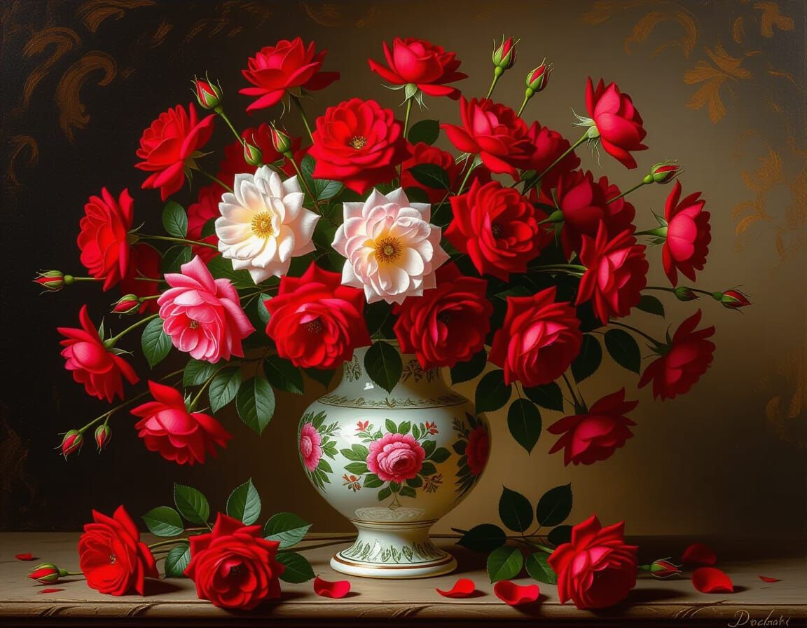 Opulent Roses Still Life in Dutch Golden Age Style