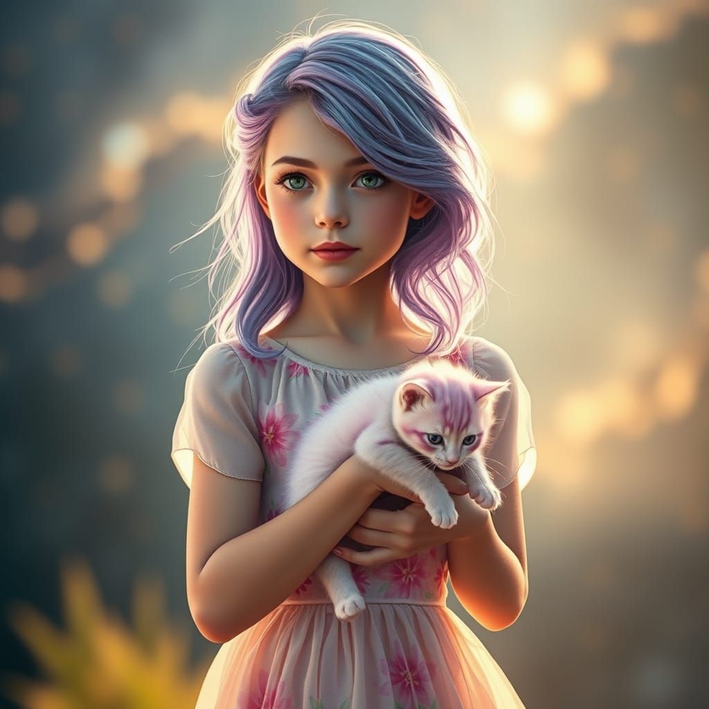 A serene and dreamy image of a stunning young woman with bewitching baby Blue-purple-rose hair. She is wearing a delicat...