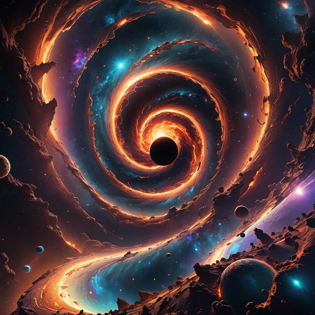 Giant Black Hole Consumes Galaxies in Vibrant Space