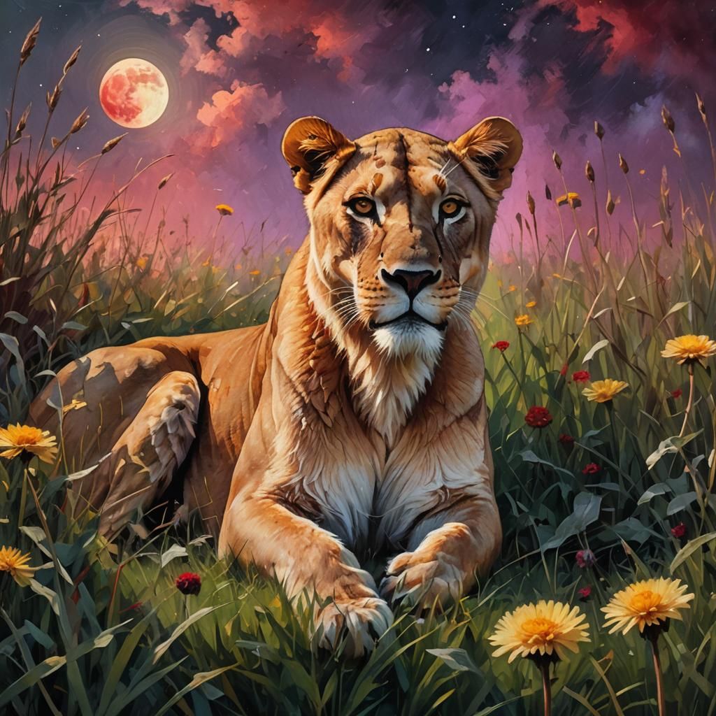 Majestic Lioness in Dandelion Field with Red Moon