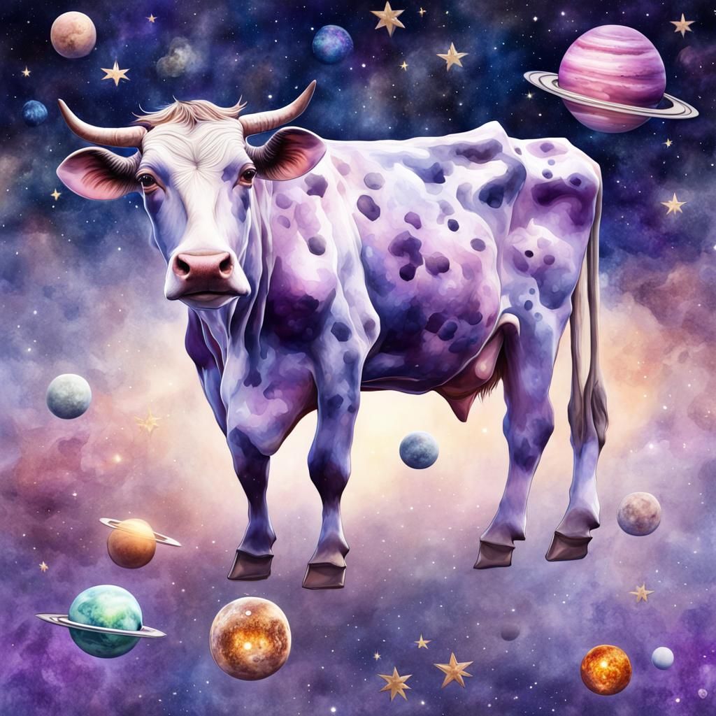Hyper realistic 3D render of A lilac spotted cow floating amongst stars and planets. Whimsical watercolor. Delicate. Det...