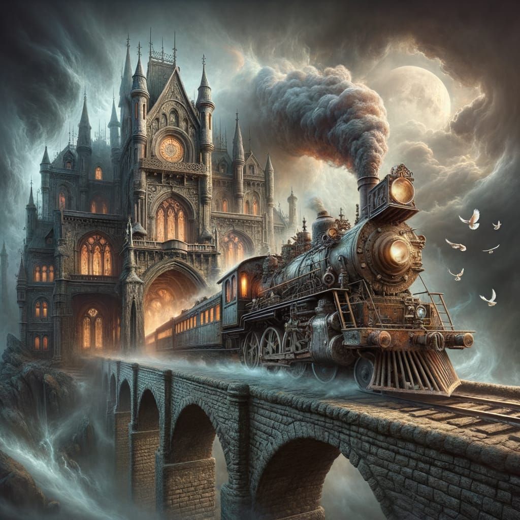 Steampunk Train Approaches Gothic Palace in a Fantasy Scene