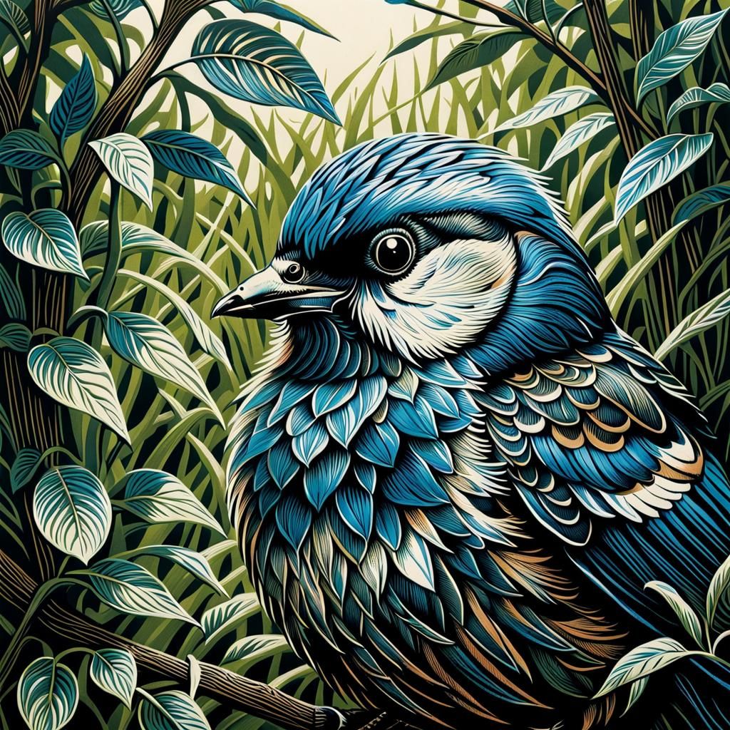 Intricate Wood Engraving of a Cute Bird