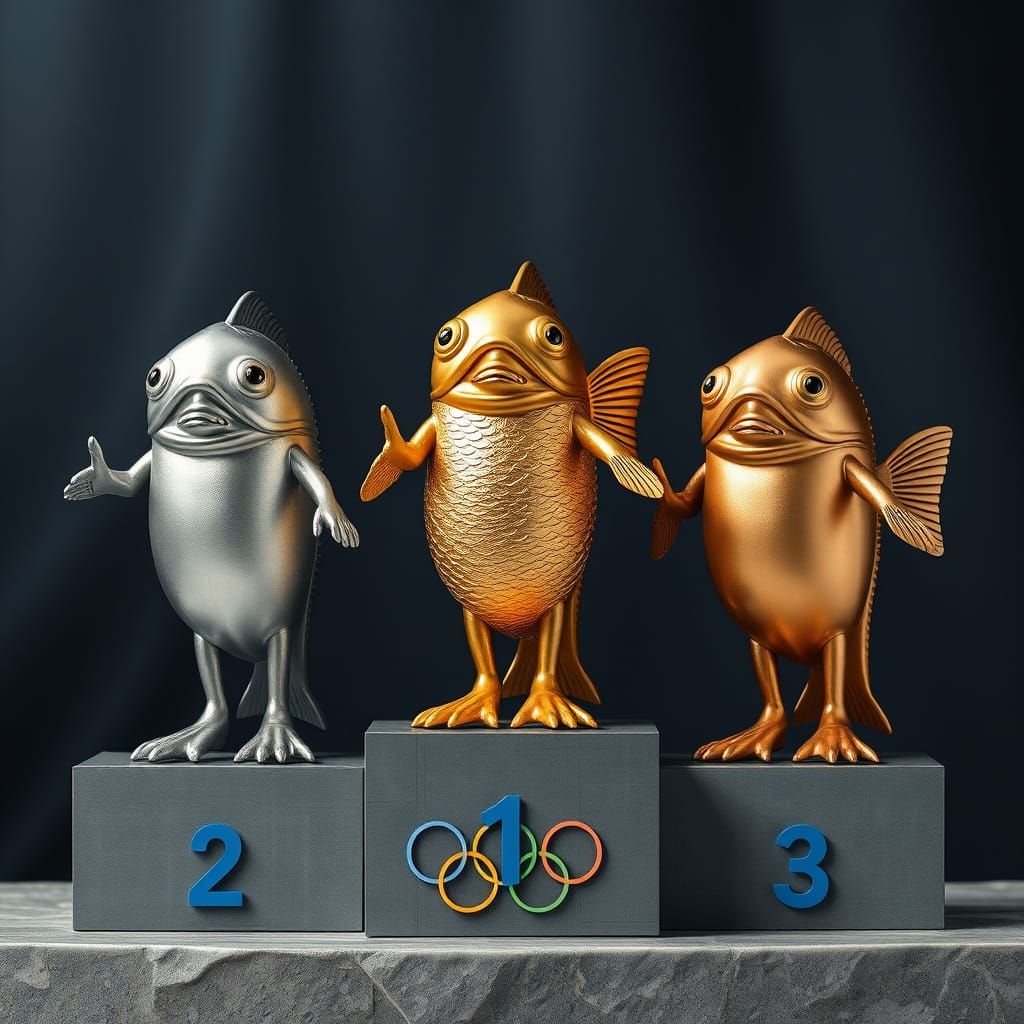 Olympic Podium of Silver, Gold, and Bronze Fish Athletes